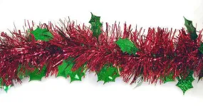 12' Shiny Red Christmas Tinsel Garland with Green Holographic Holly - Unlit