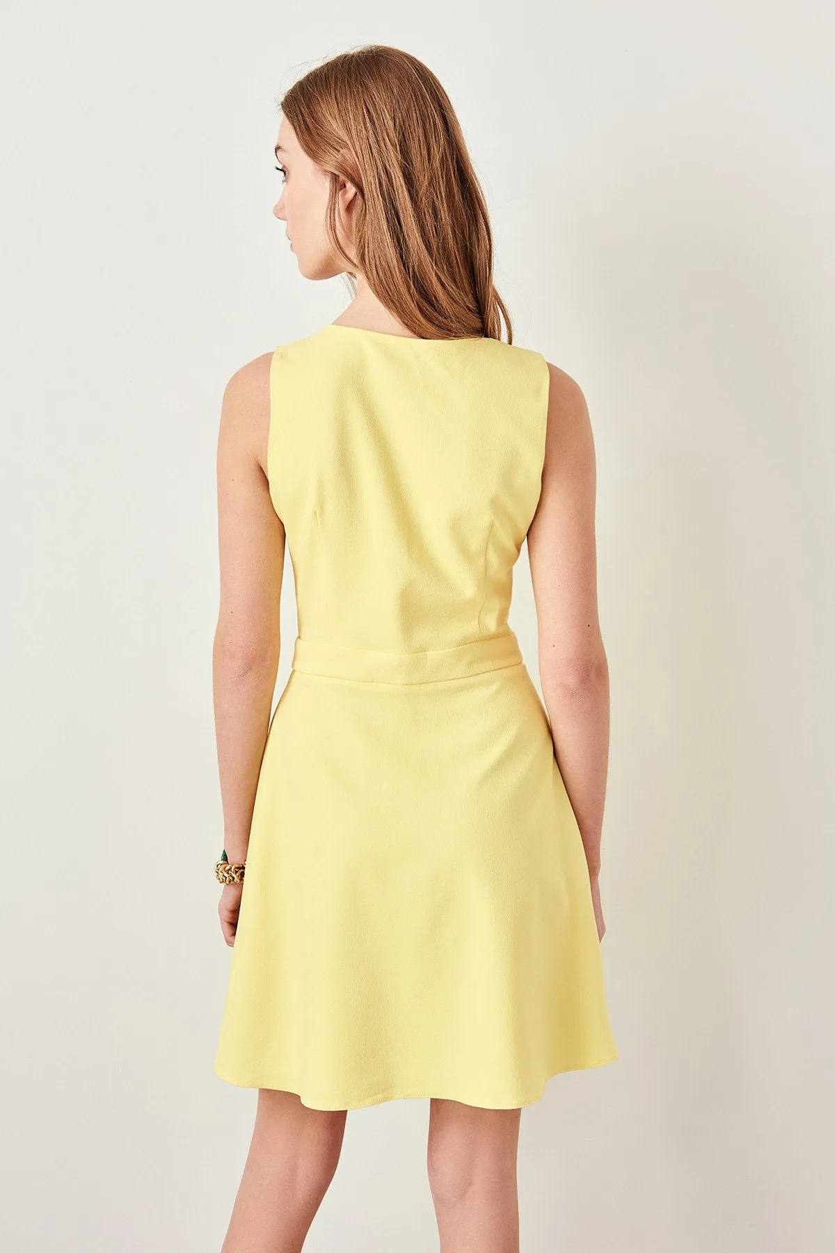 12816 Yellow Button Wrap Dress