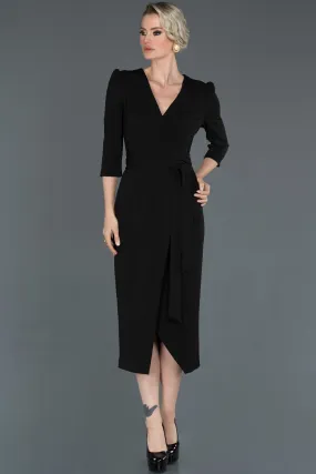 15982 Black Tie Waist Wrap Dress