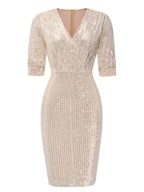 1960s V-Neck Sequined Half Sleeves Bodycon Dress