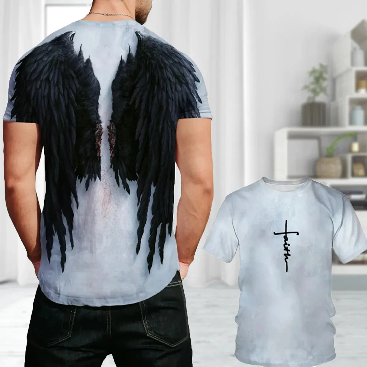 3D T Angel Wings Cross  Casual Short Sleeve  Breathable