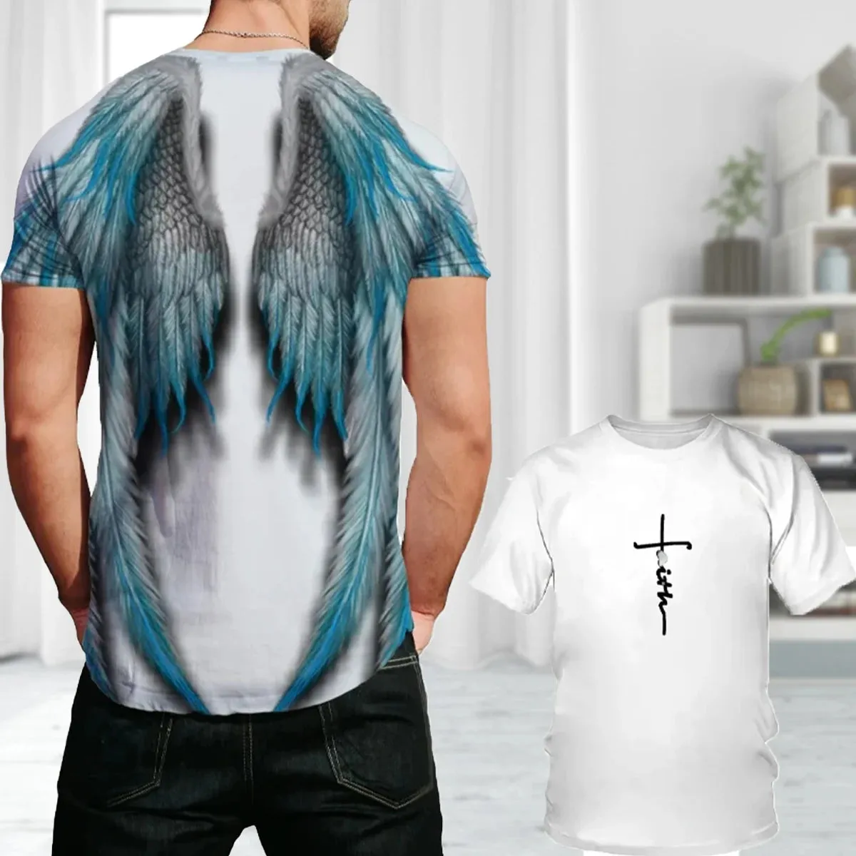 3D T Angel Wings Cross  Casual Short Sleeve  Breathable