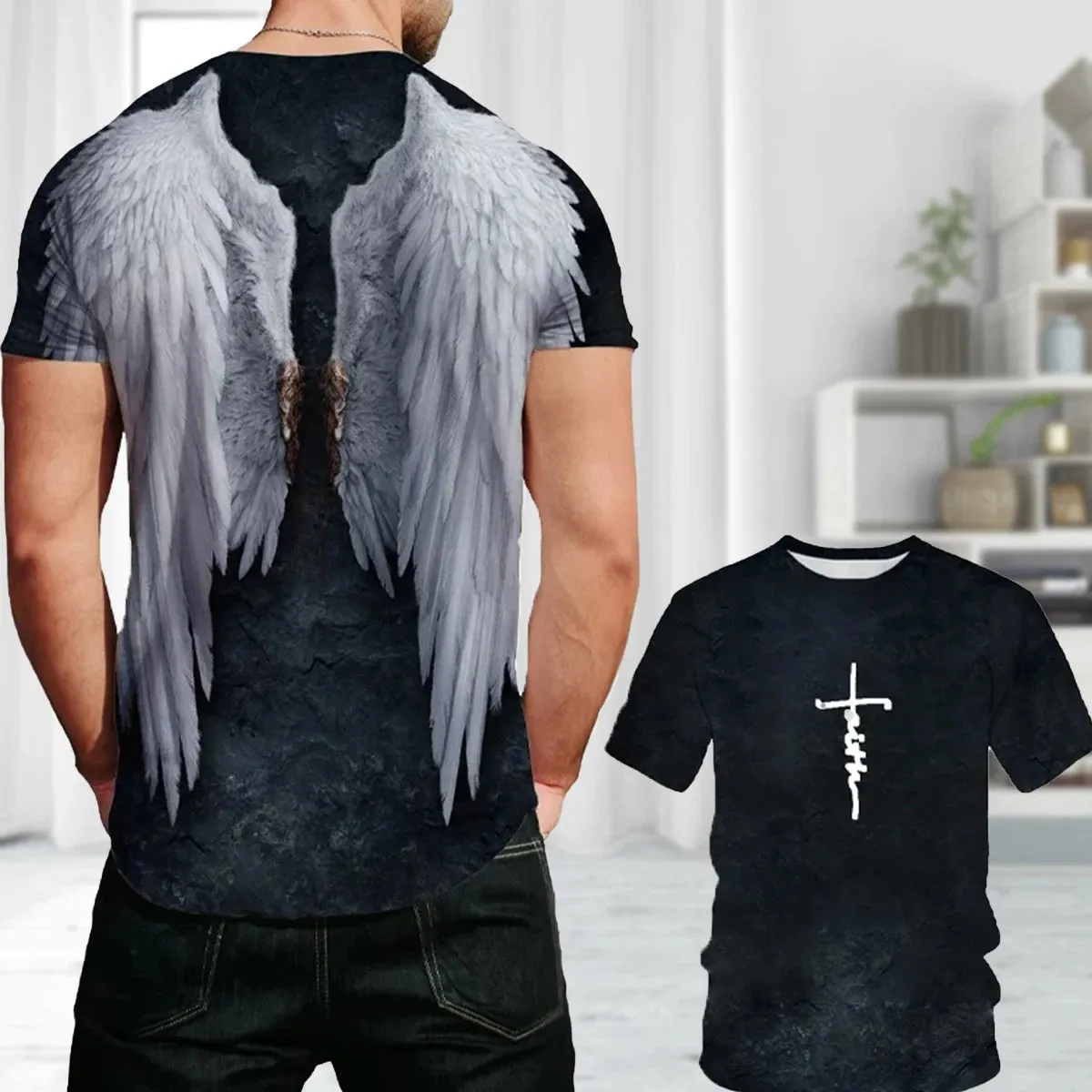 3D T Angel Wings Cross  Casual Short Sleeve  Breathable