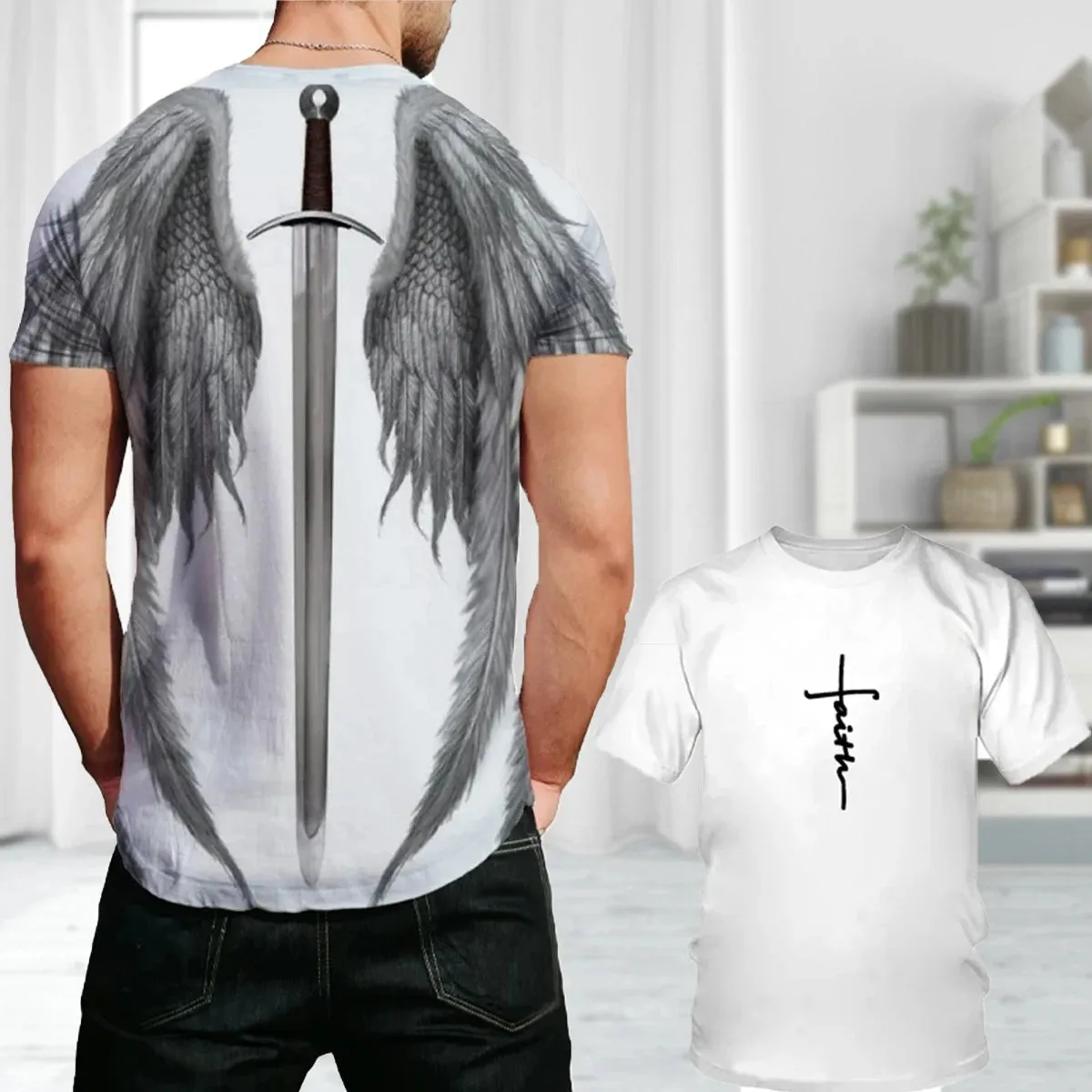 3D T Angel Wings Cross  Casual Short Sleeve  Breathable