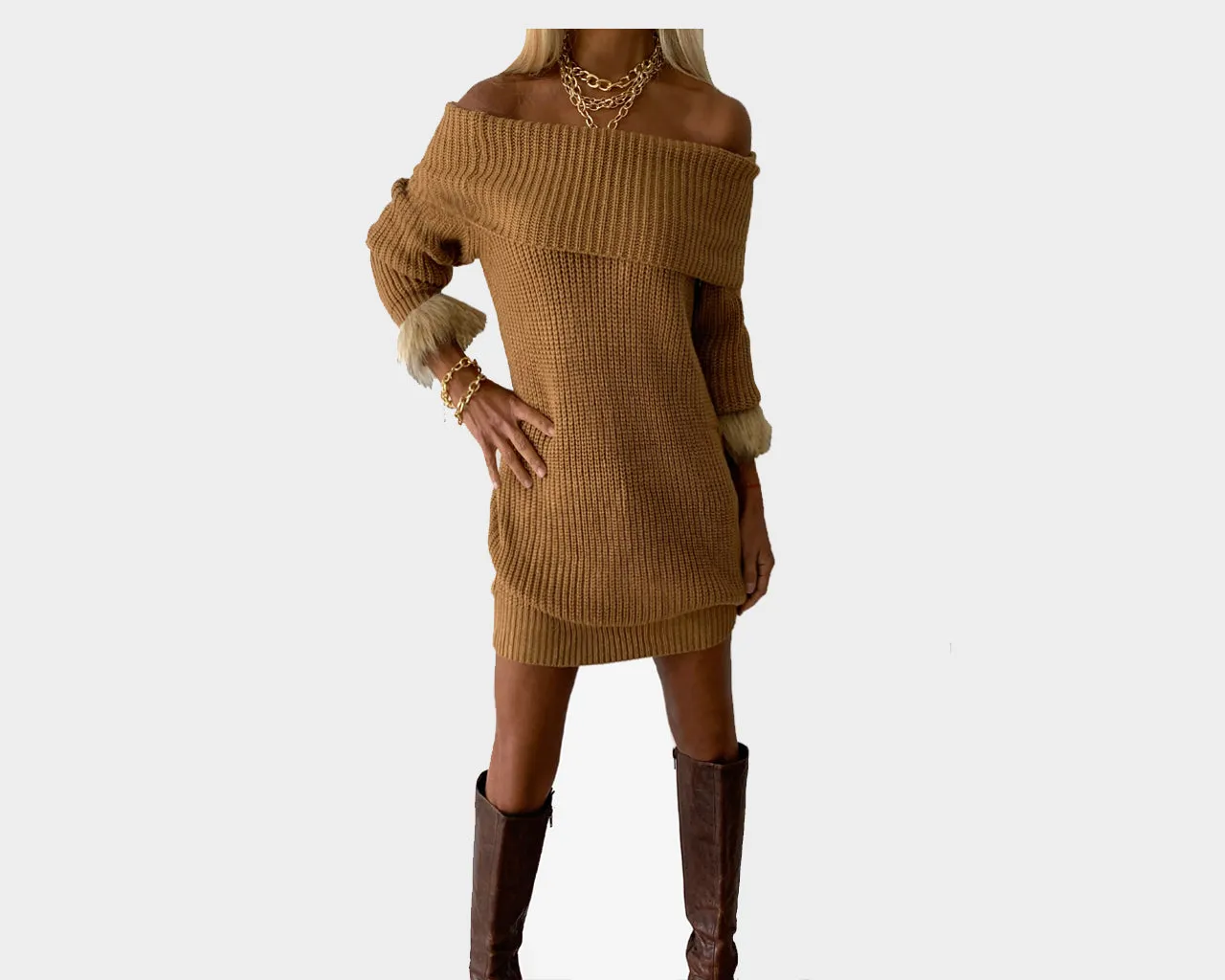 97 Taupe and Sunset Taupe Knit Off the Shoulder Dress - The St. Moritz