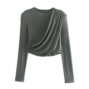 A&A Vintage Shoulder Pad Long Sleeve Draped Top