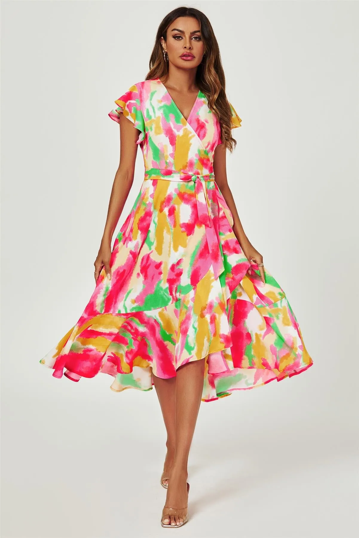 Abstract Floral Print Midi Wrap Dress In Pink