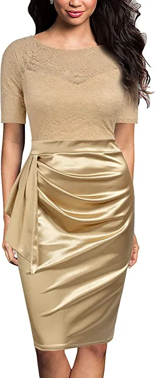 Agold Brown Women's Short Sleeve Colorblock Sheath Pencil Business Church Dress - Mmondschein