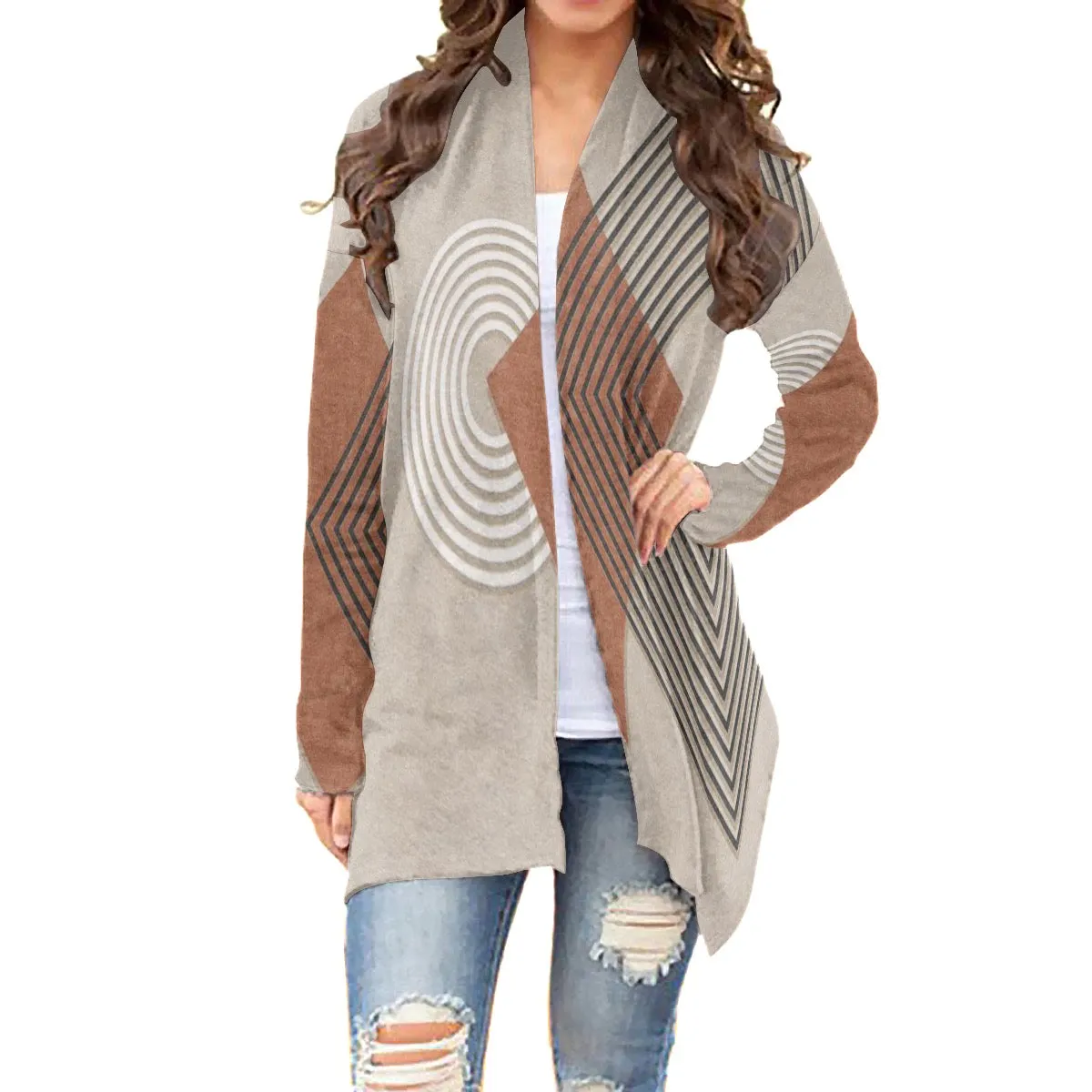 All-Over Print Women's Cardigan With Long Sleeve22 beige, and black abstract