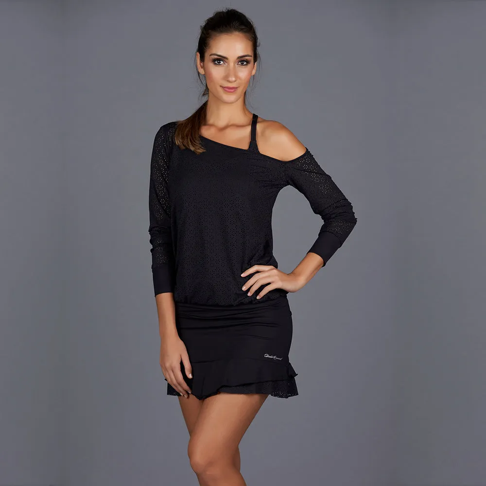 All Season Sheer Off-one-Shoulder Pullover Top (black)