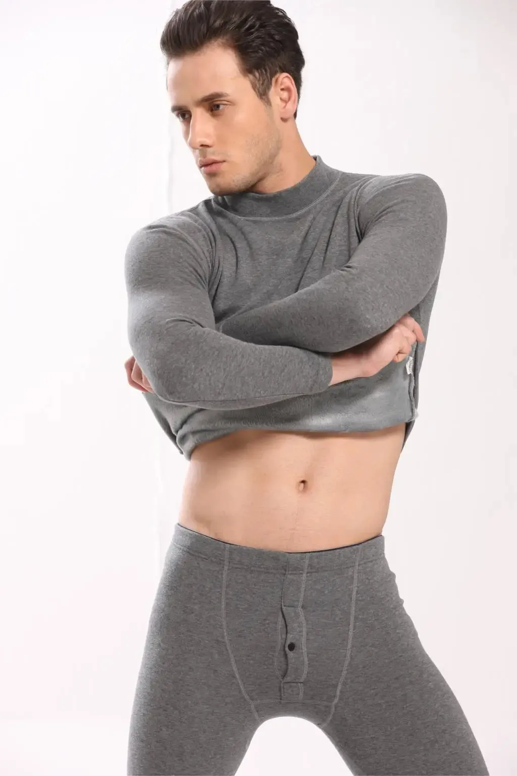 Alr™ Men's Thermal Underwear Set - Fleece-Lined Cotton Long Johns, Gray