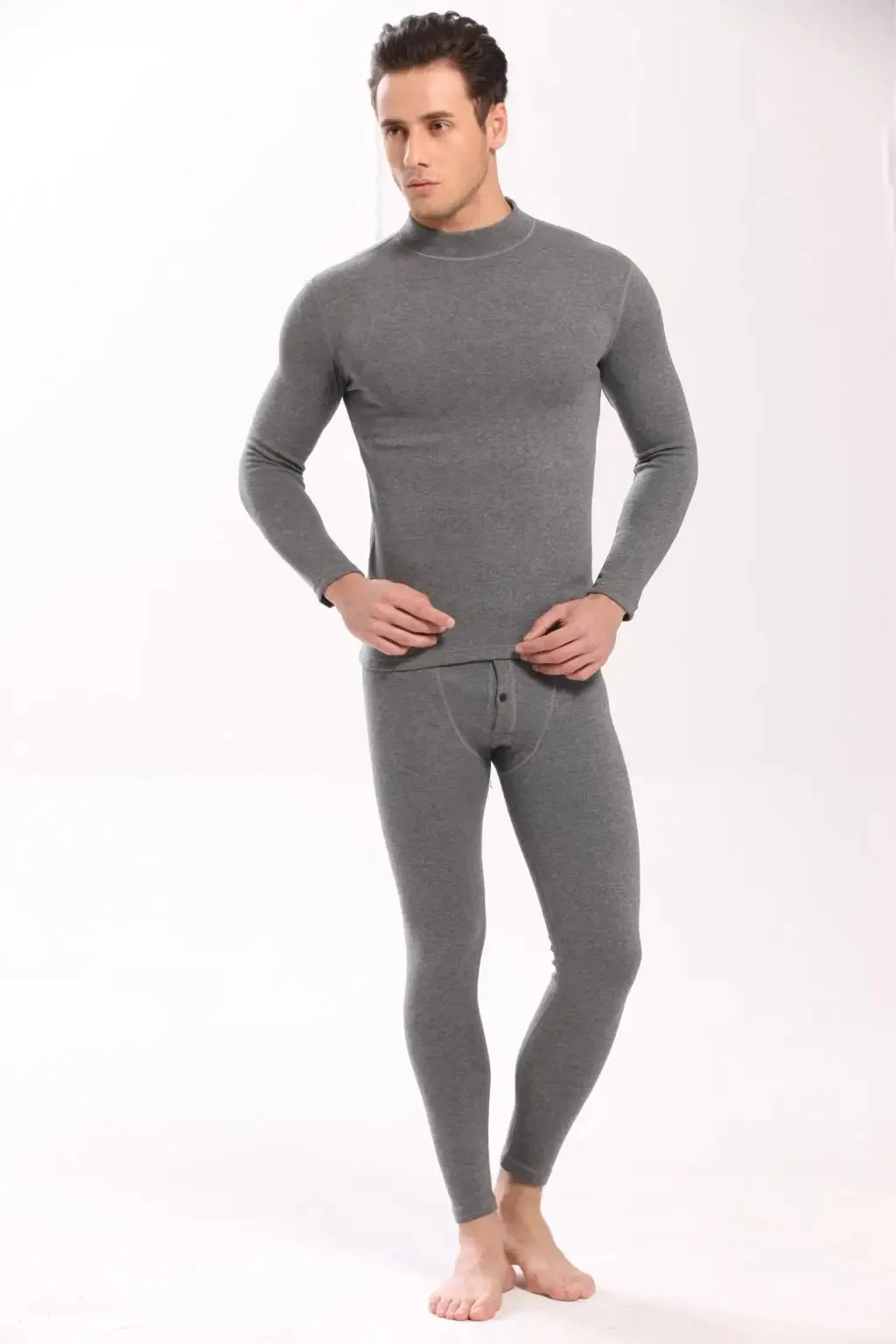 Alr™ Men's Thermal Underwear Set - Fleece-Lined Cotton Long Johns, Gray