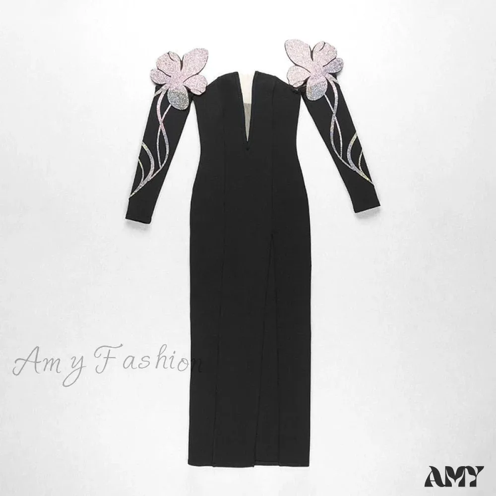 Amy Fashion - Bodycon Long Sleeve Party Evening Long Dress