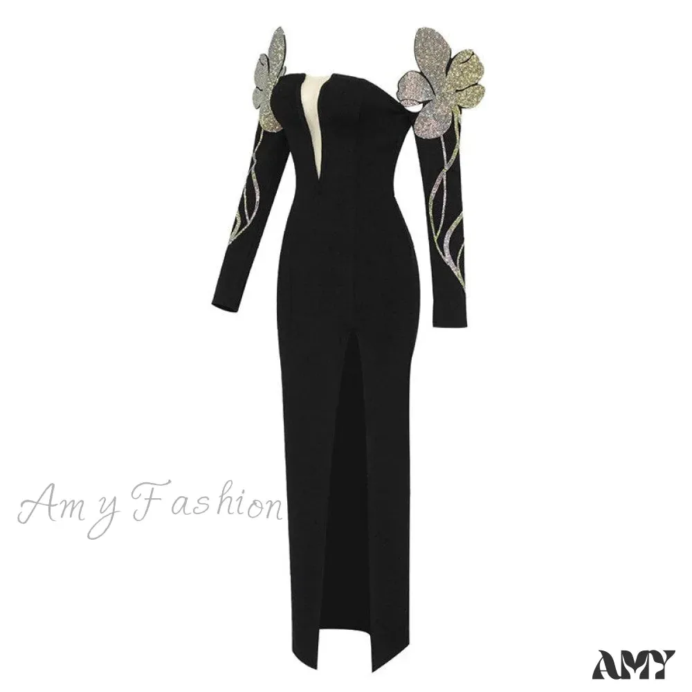 Amy Fashion - Bodycon Long Sleeve Party Evening Long Dress