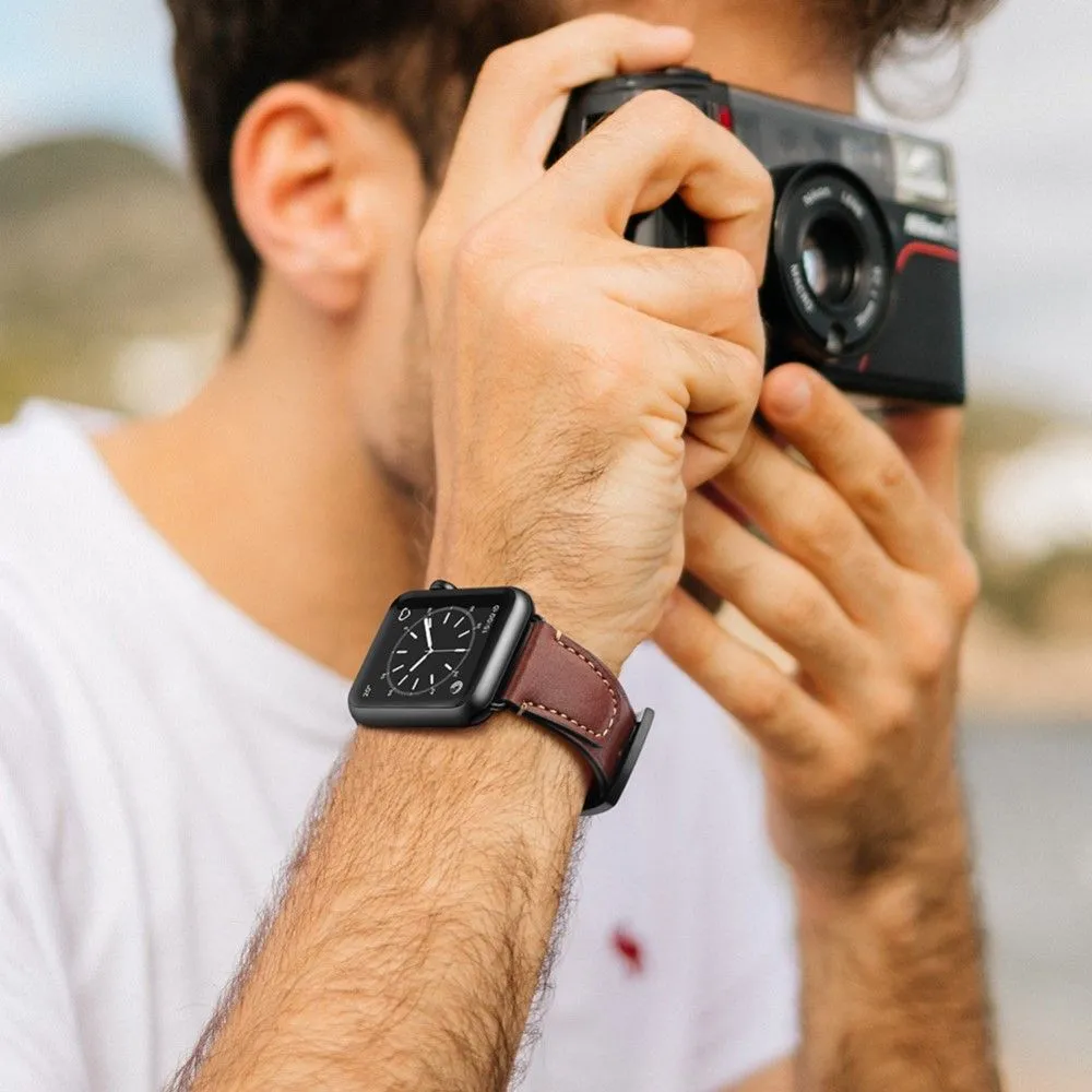 Apple Watch (45mm) retro cowhide genuine leather watch strap - Black