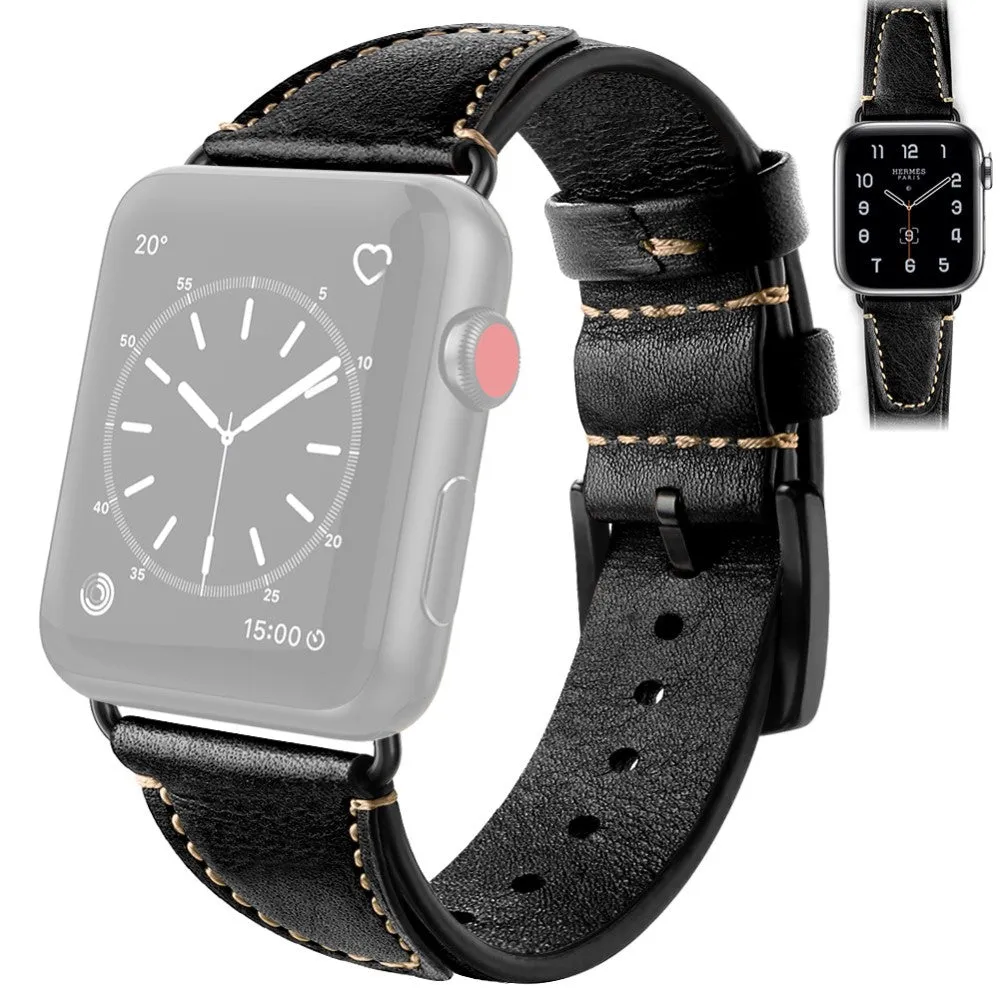 Apple Watch (45mm) retro cowhide genuine leather watch strap - Black