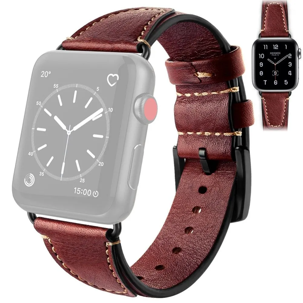 Apple Watch (45mm) retro cowhide genuine leather watch strap - Wine Red