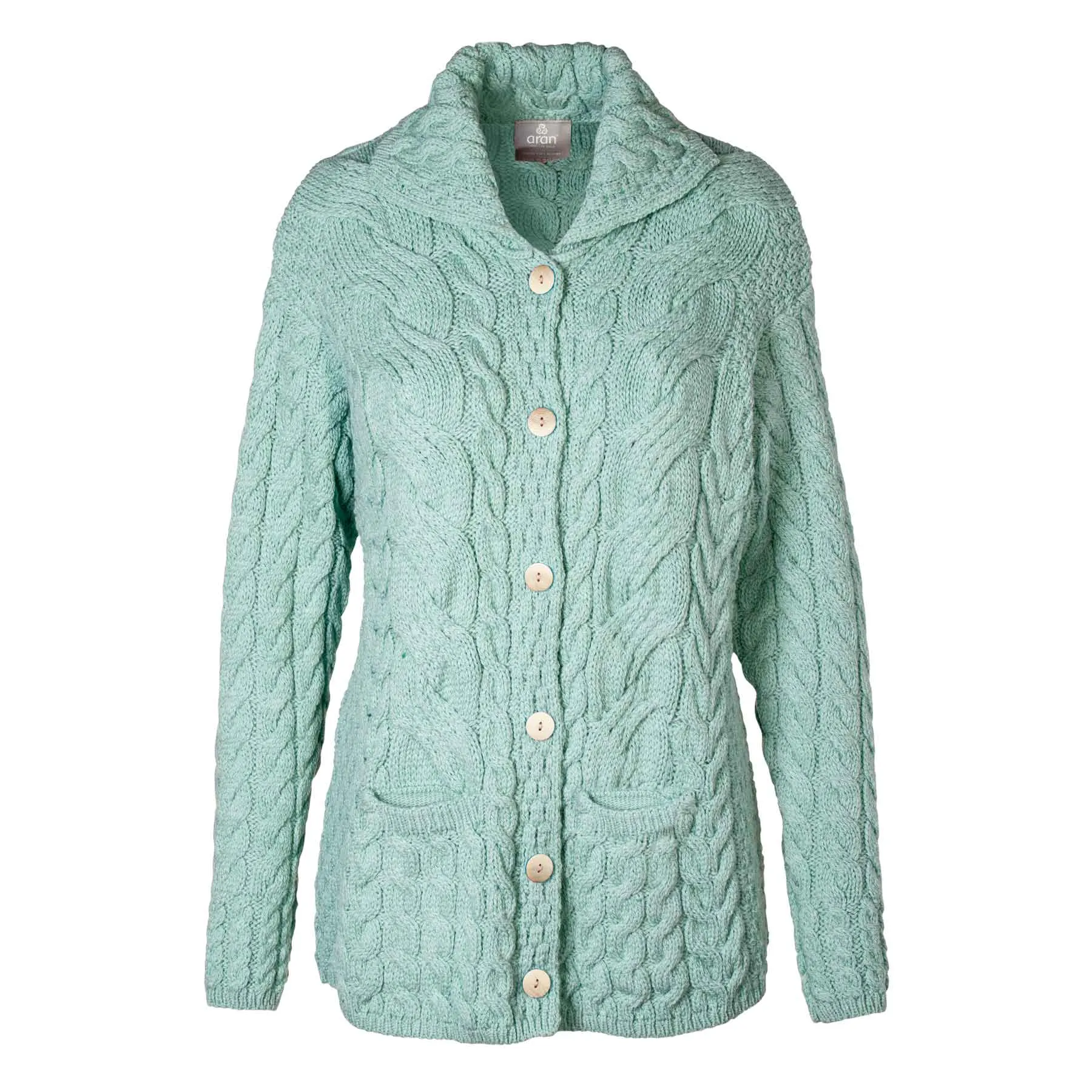 Aran Knit Button Front Cardigan- Seafoam