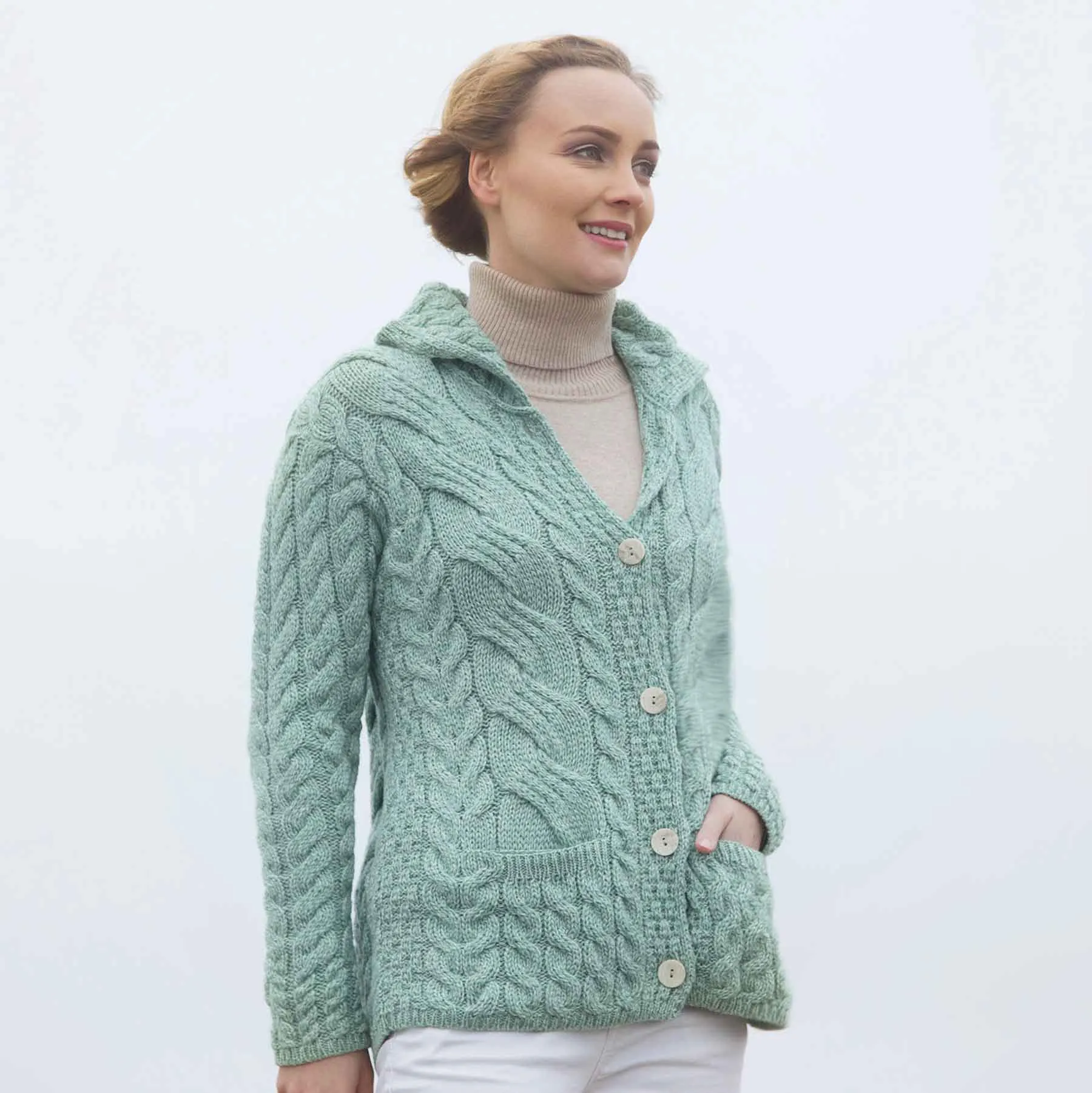 Aran Knit Button Front Cardigan- Seafoam