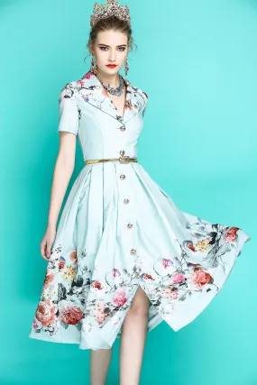 Audrey Hepburn inspired retro light blue pastel blue floral printed short sleeve 1950's inspired midi full swing dress - Roman