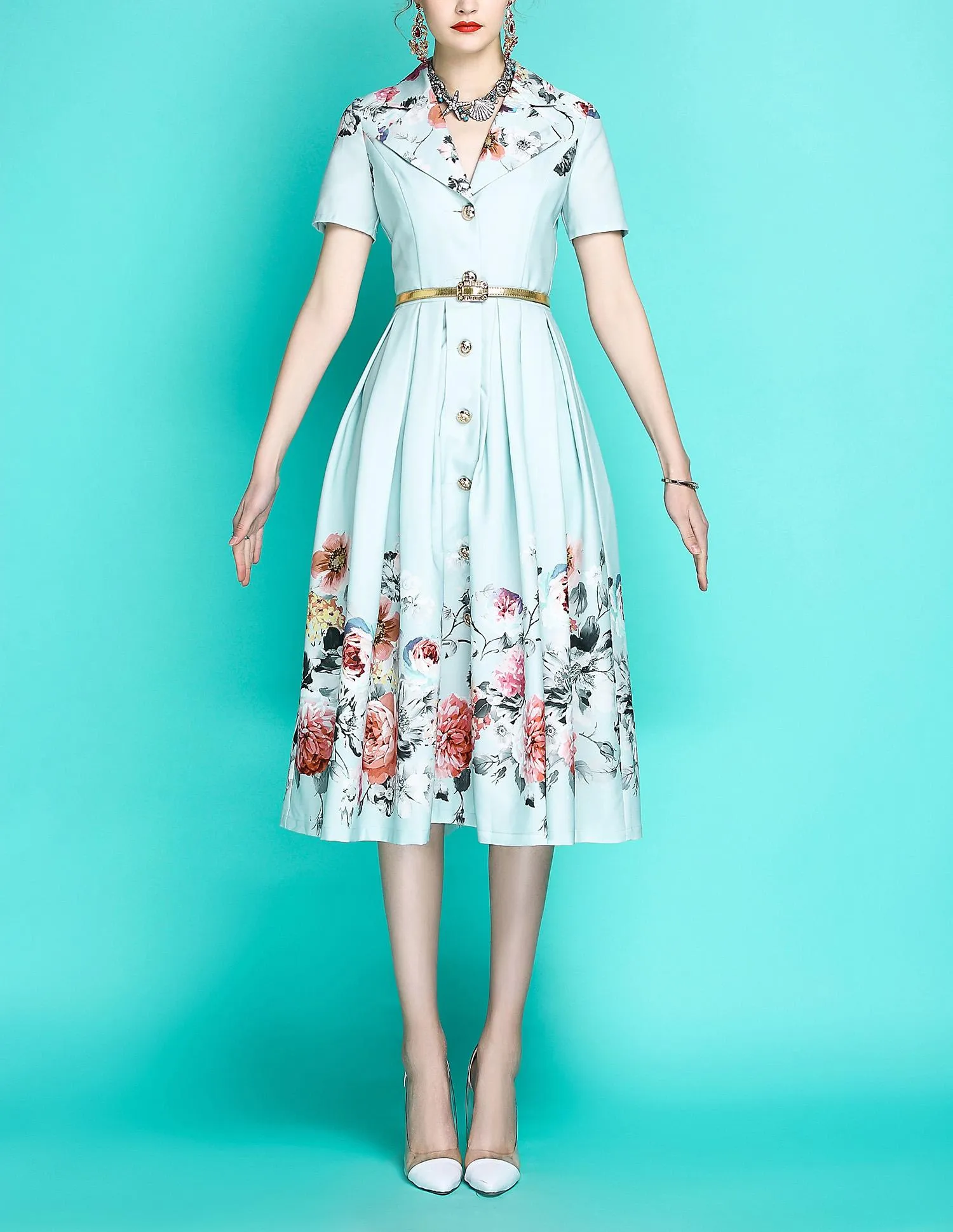 Audrey Hepburn inspired retro light blue pastel blue floral printed short sleeve 1950's inspired midi full swing dress - Roman