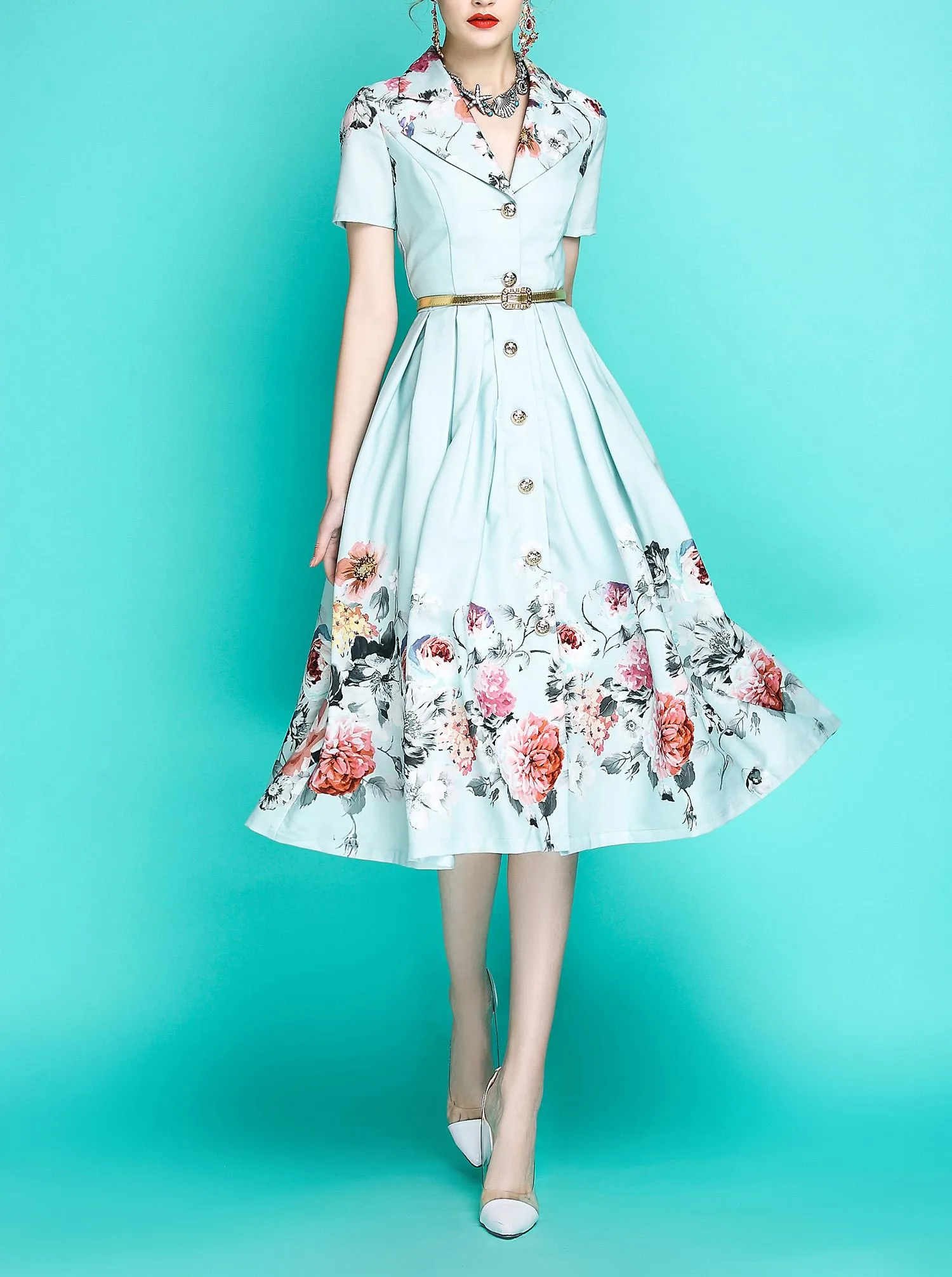 Audrey Hepburn inspired retro light blue pastel blue floral printed short sleeve 1950's inspired midi full swing dress - Roman