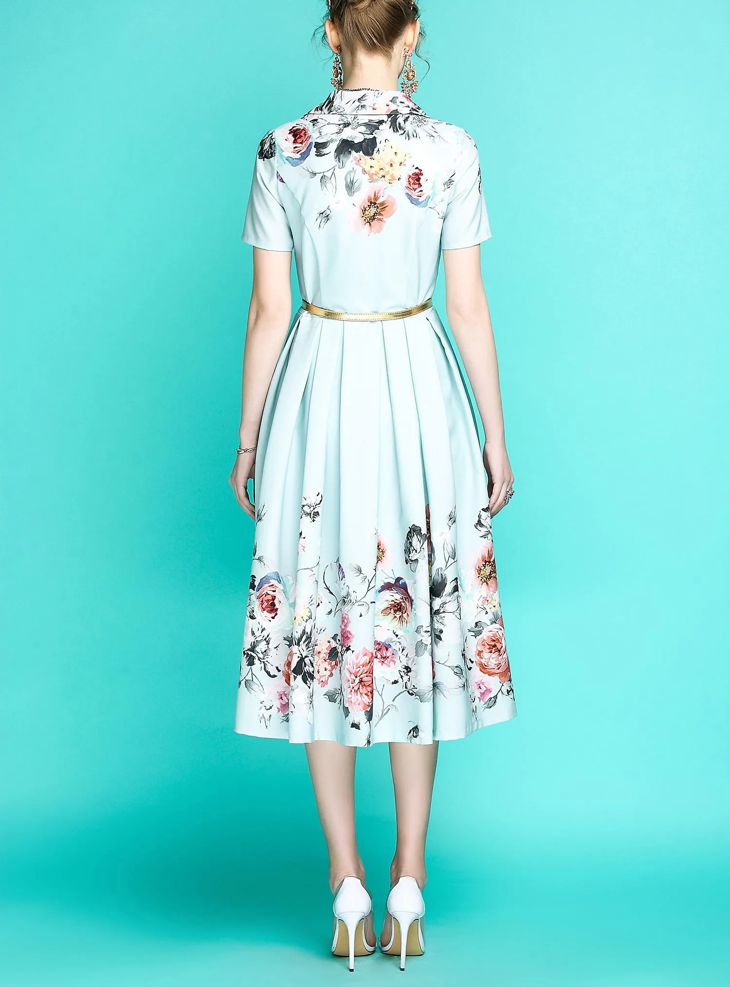 Audrey Hepburn inspired retro light blue pastel blue floral printed short sleeve 1950's inspired midi full swing dress - Roman