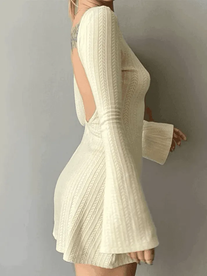 Backless Knitted Long Sleeve Mini Dress