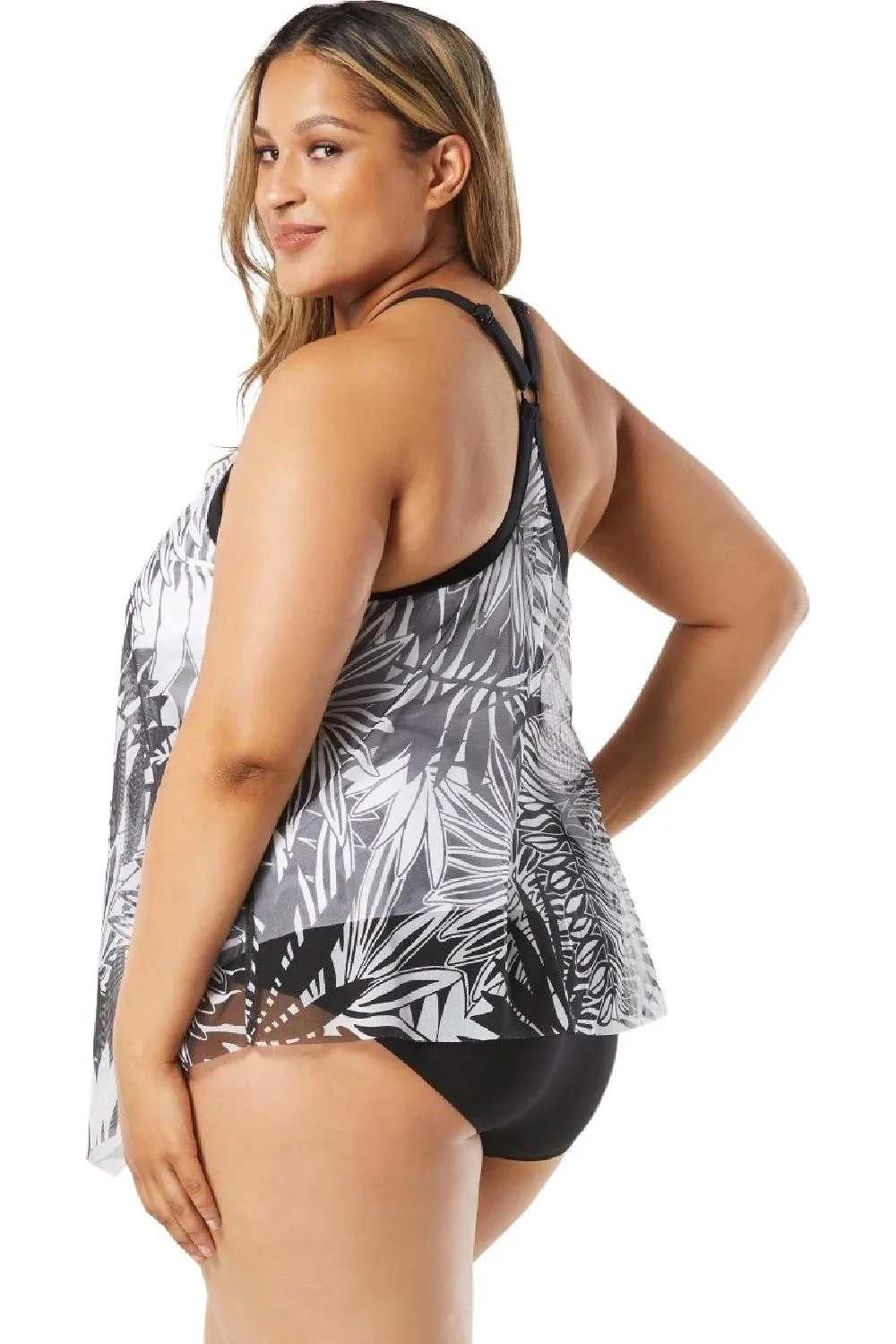 Beach House Women Abstract Palm Plus Size Kerry Mesh Layer Tankini, Black (HW14355)