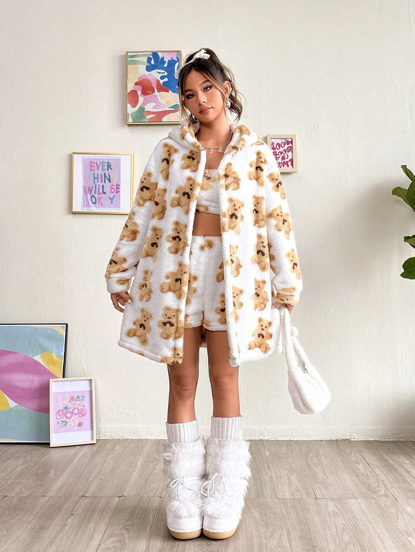 Bear Pattern Drop Shoulder Hooded Teddy Coat & Shorts FW23