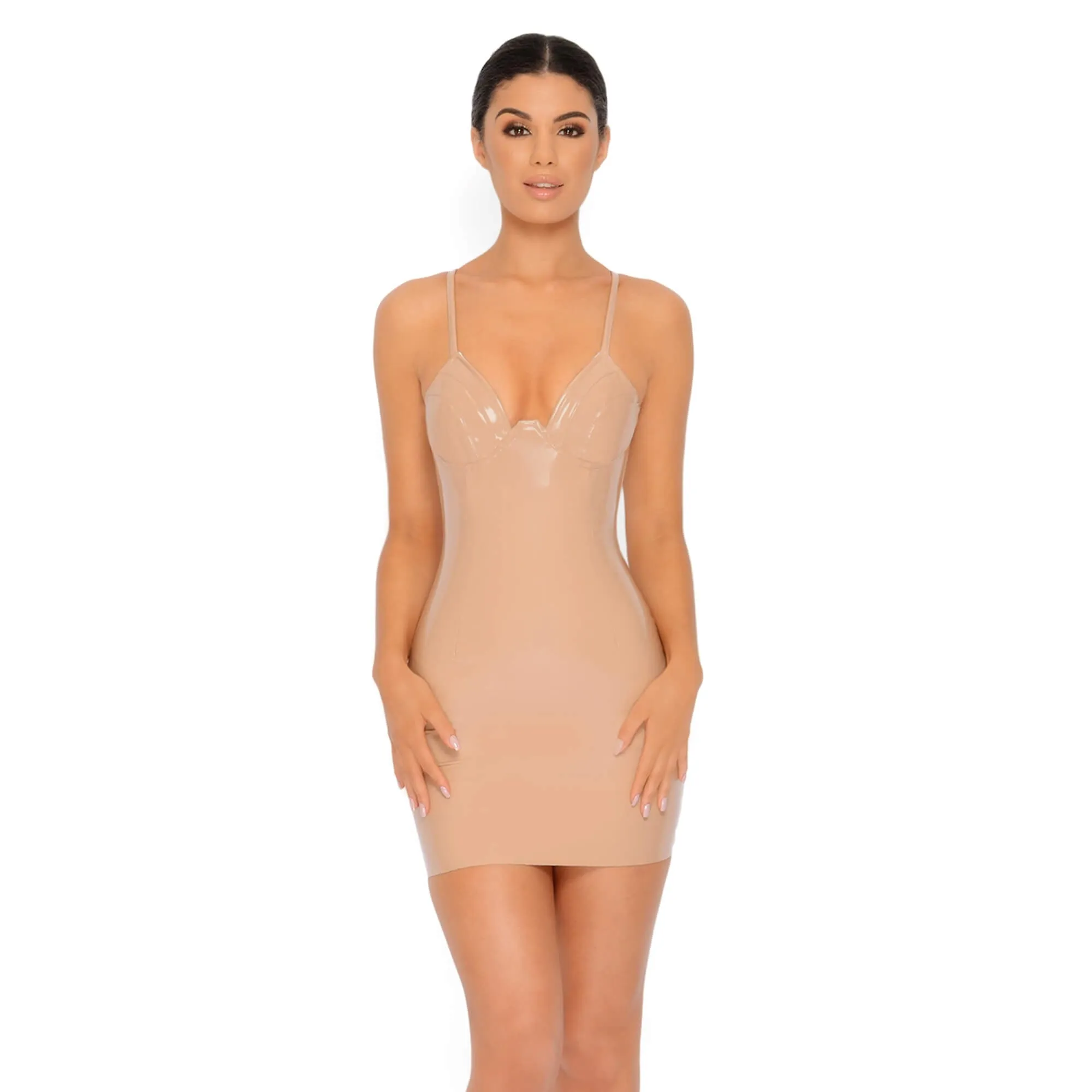 Better Latex Than Never Vinyl Mini Dress in Caramel