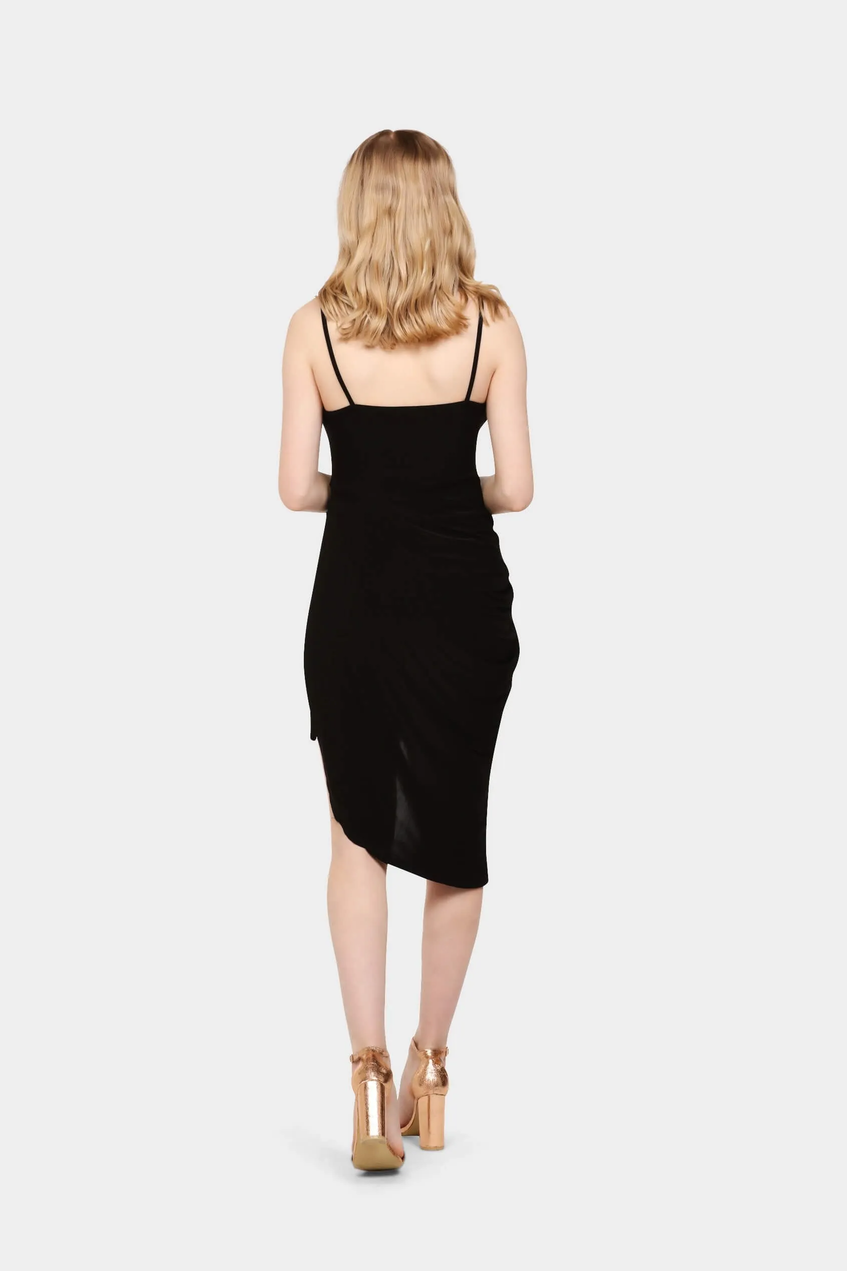 Black Asymmetric Wrap Twist Strappy Midi Dress