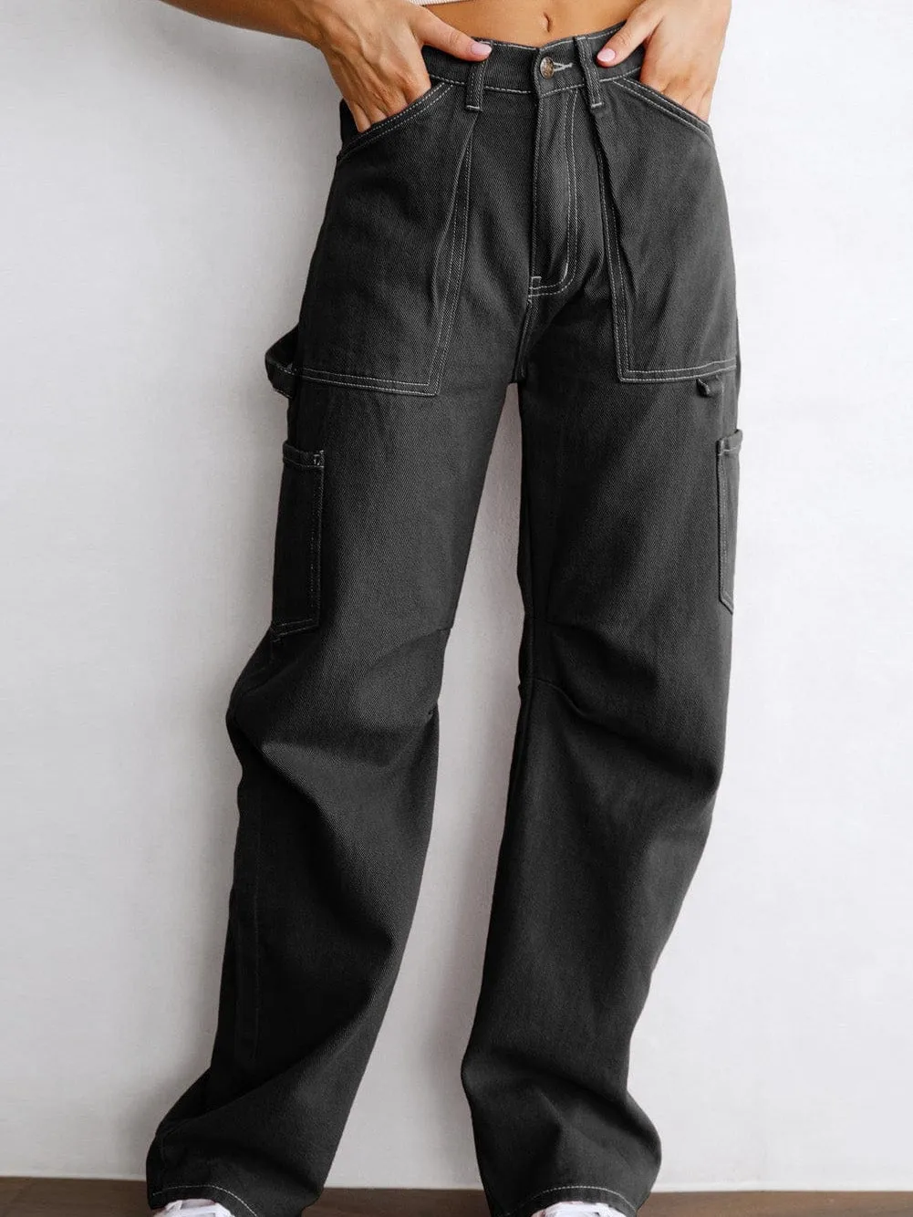 Black Denim Straight Leg Cargo Trousers with High Waist and Pockets