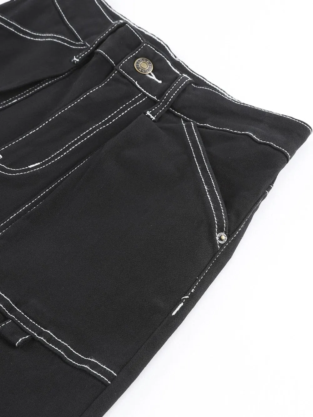 Black Denim Straight Leg Cargo Trousers with High Waist and Pockets