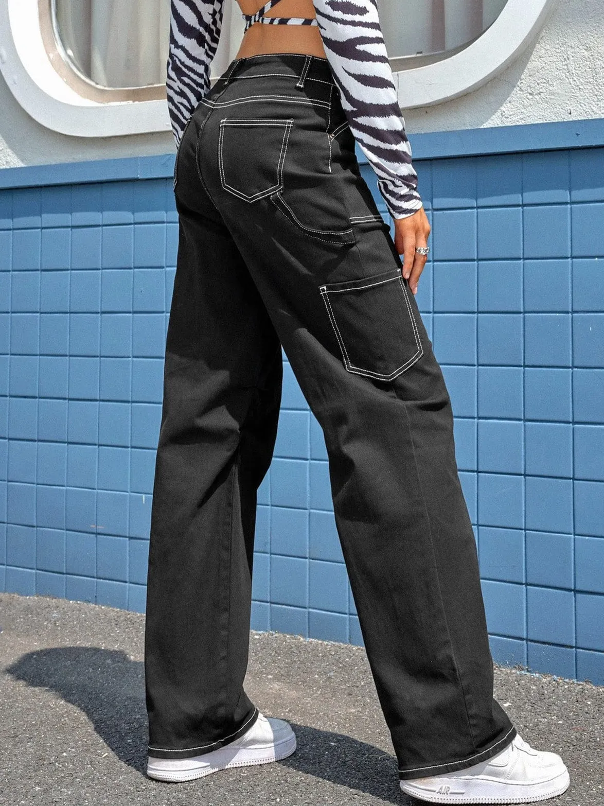 Black Denim Straight Leg Cargo Trousers with High Waist and Pockets