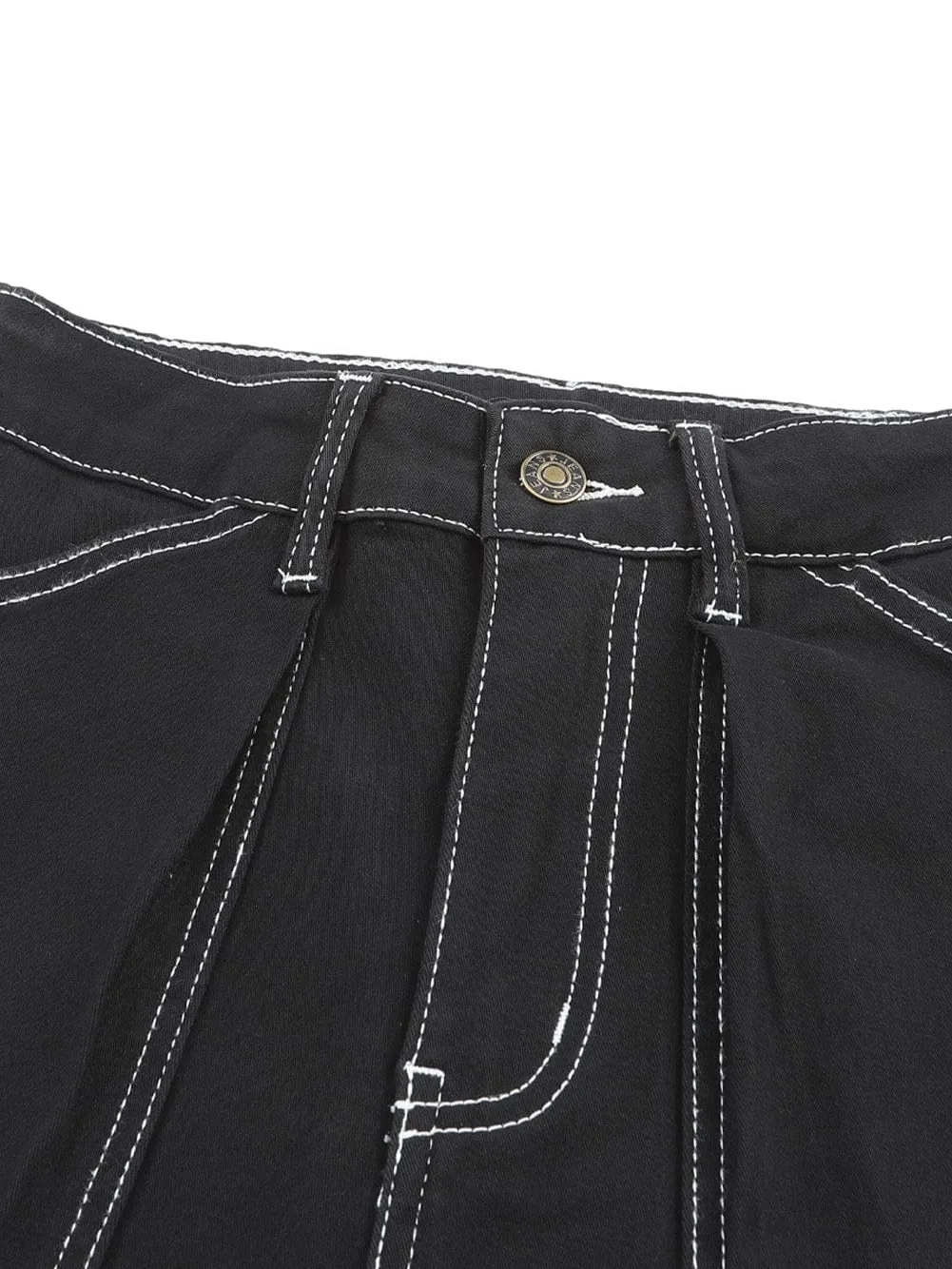 Black Denim Straight Leg Cargo Trousers with High Waist and Pockets