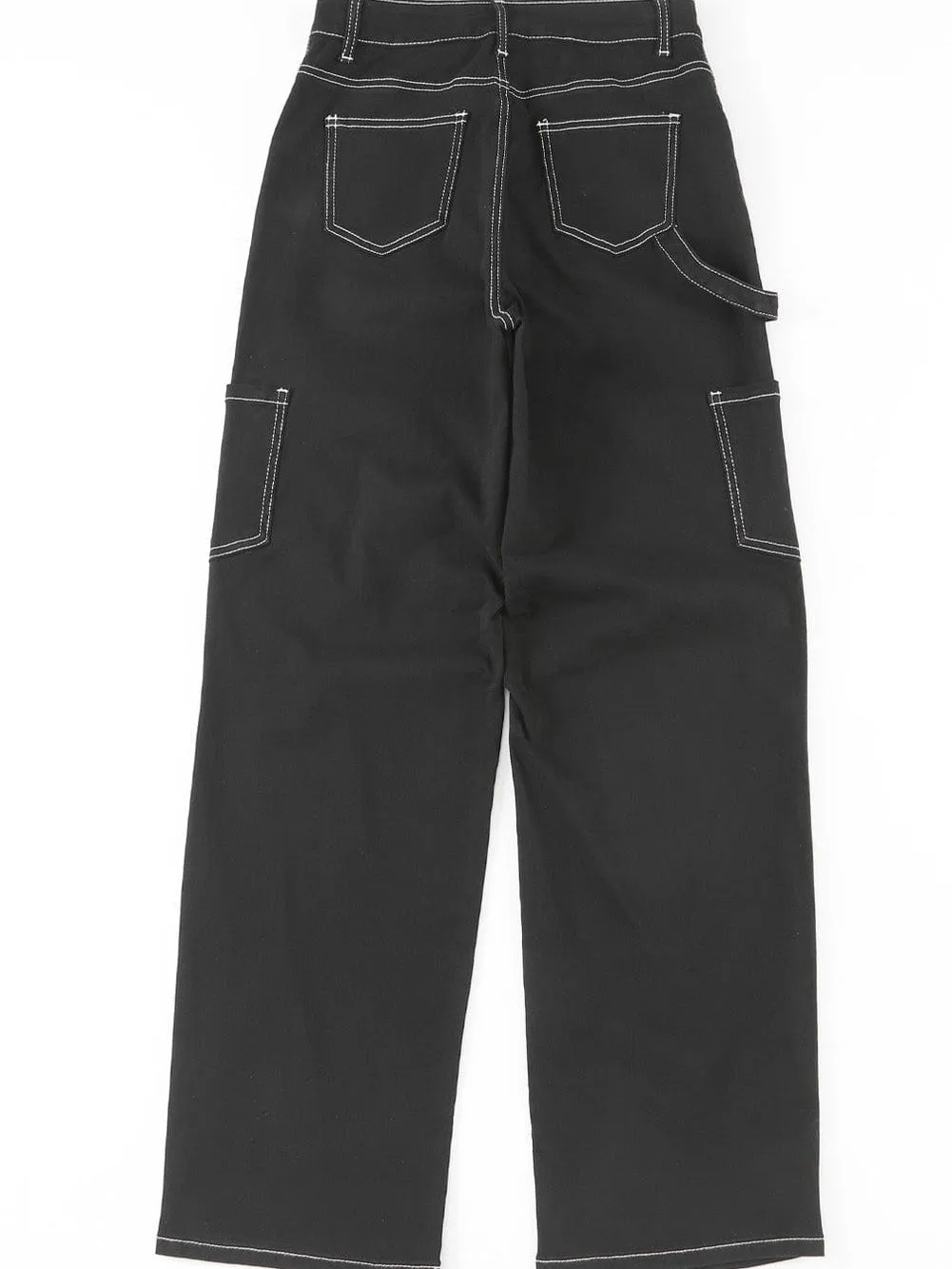 Black Denim Straight Leg Cargo Trousers with High Waist and Pockets