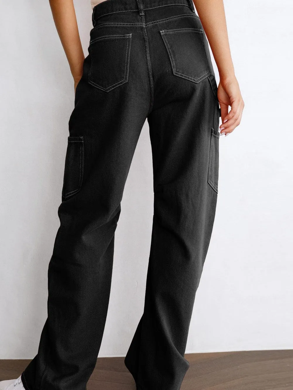 Black Denim Straight Leg Cargo Trousers with High Waist and Pockets