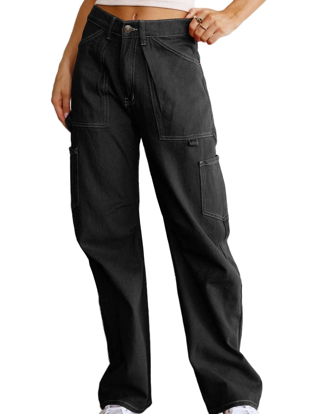 Black Denim Straight Leg Cargo Trousers with High Waist and Pockets