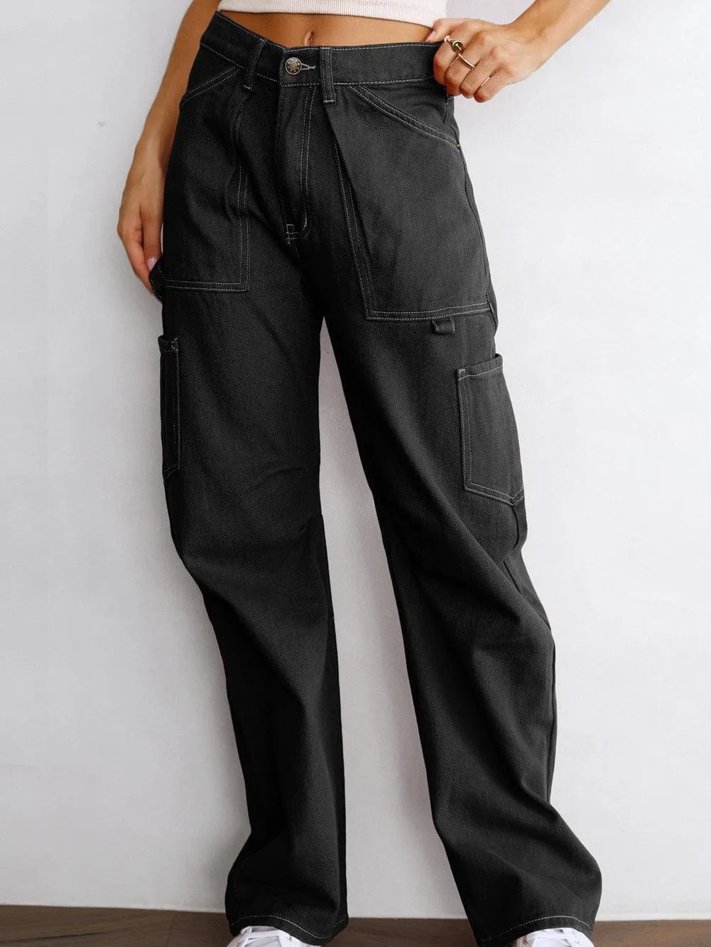 Black Denim Straight Leg Cargo Trousers with High Waist and Pockets