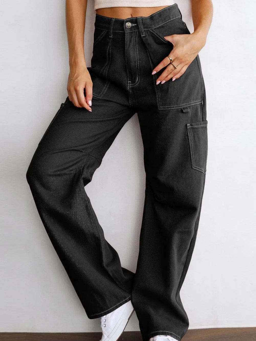 Black Denim Straight Leg Cargo Trousers with High Waist and Pockets