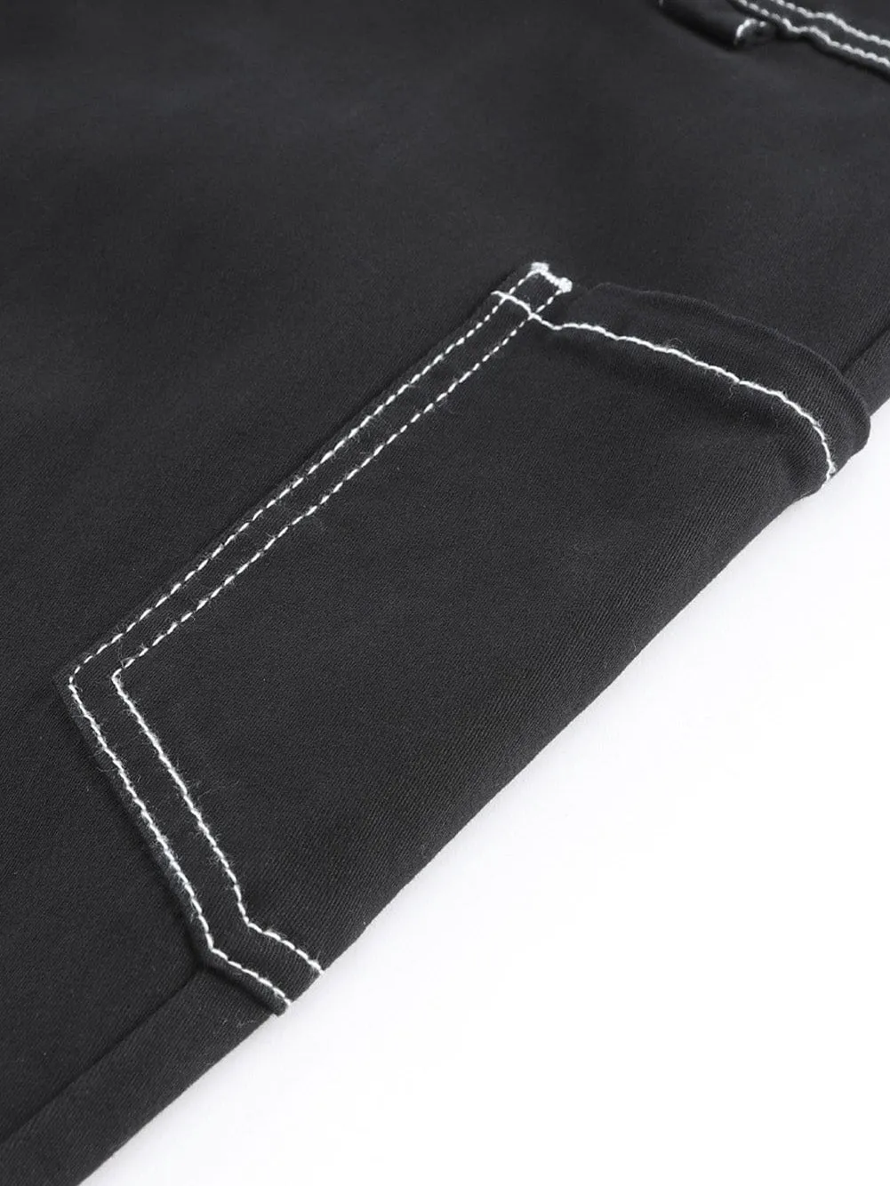 Black Denim Straight Leg Cargo Trousers with High Waist and Pockets