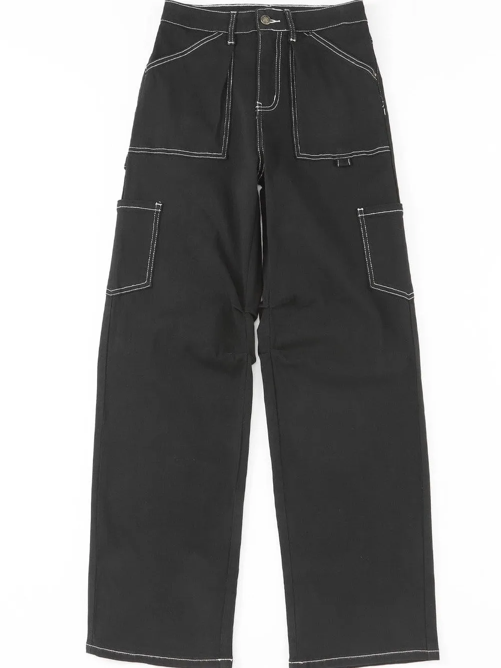 Black Denim Straight Leg Cargo Trousers with High Waist and Pockets