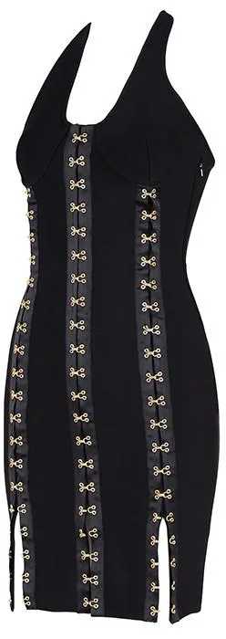 Black Hook-Eye-Embellished Bodycon Mini Dress