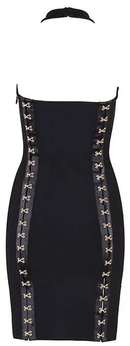 Black Hook-Eye-Embellished Bodycon Mini Dress