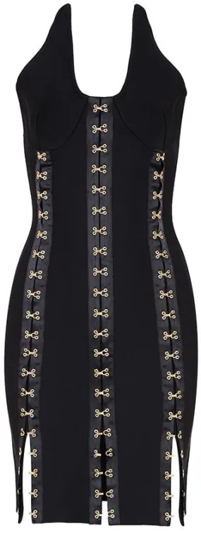 Black Hook-Eye-Embellished Bodycon Mini Dress