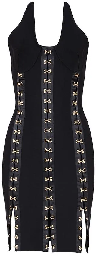 Black Hook-Eye-Embellished Bodycon Mini Dress