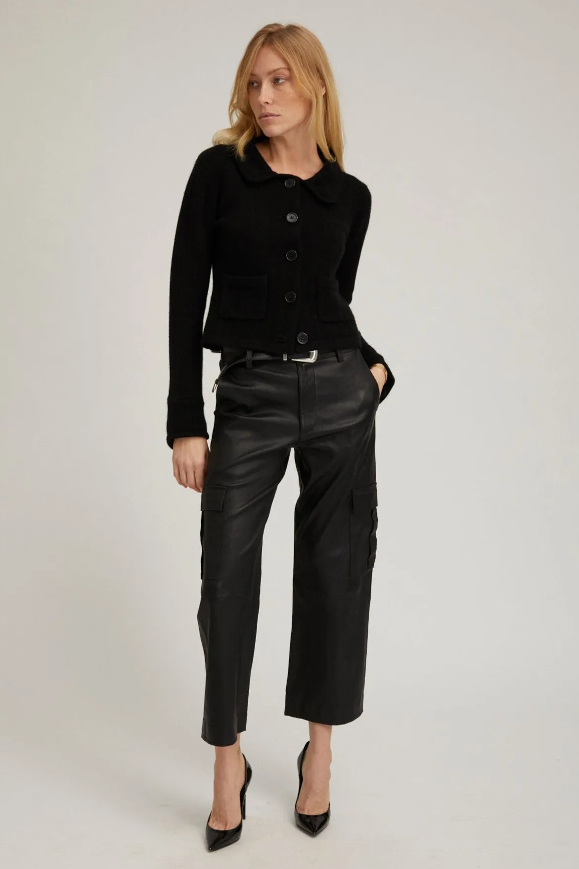 Black Leather Cropped Cargo Trousers