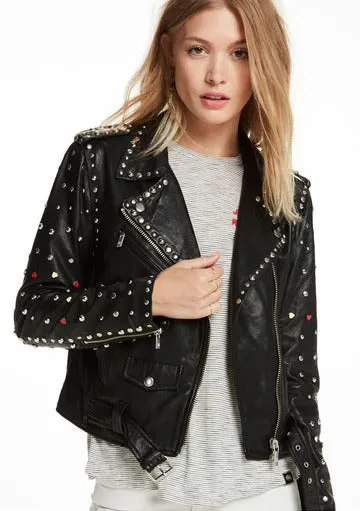 Black Women's Spiked Studded Leather Motorcycle Jacket