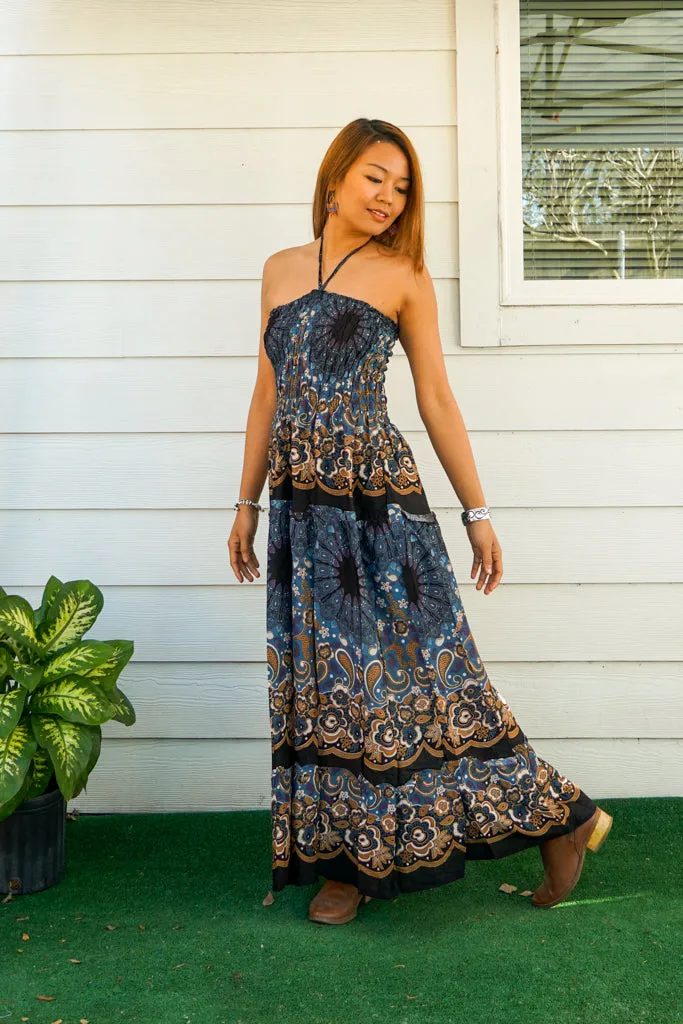 Blue Floral Tiered Mandala SunDress Maxi Dress